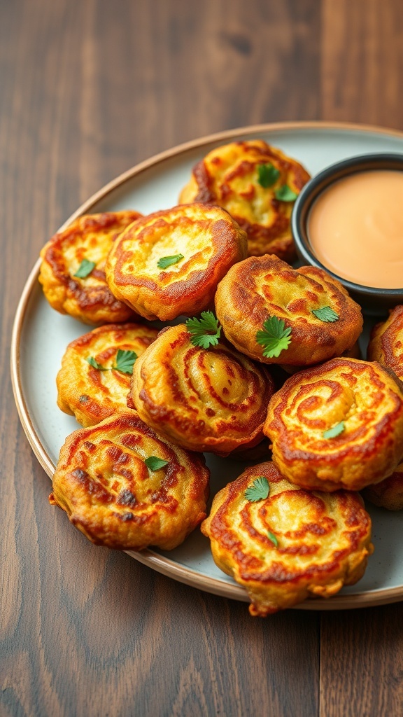 Crispy vegetable fritters served on a plate with fresh herbs and dipping sauce.